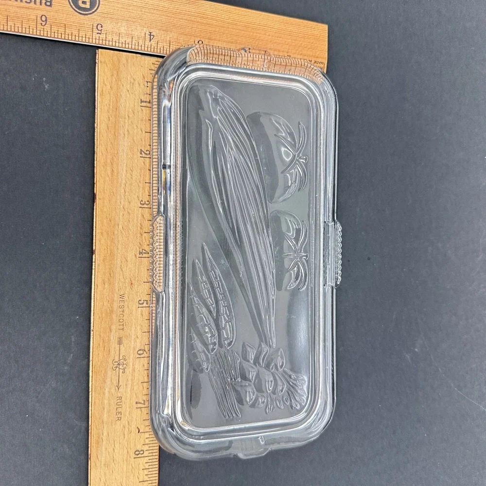 Federal Glass Refrigerator Dish Lid Vintage 8.5x4.25 Clear Embossed Vegetable